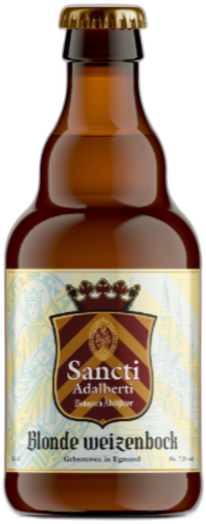 Amberkleurig flesje Sancti Adalberti Blonde Weizenbock met crème etiket en gouden kroonkurk.
