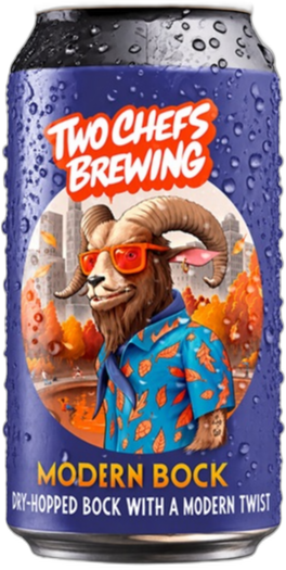 Paars blik Two Chefs Brewing Modern Bock met illustratie van een geit in kleurrijk overhemd.