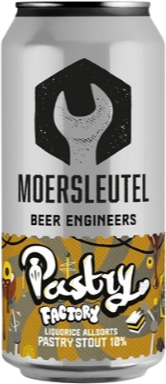 Blik Moersleutel Liquorice Allsorts pastry stout met grijs label en kleurrijke illustraties.