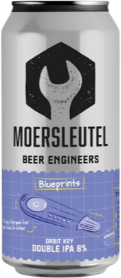 Blik Moersleutel Orbit Key double IPA met zwart logo en blauw blueprint-etiket.