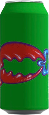 Groen Omnipollo CLEO blik met rode lipvorm en blauw accent op de voorkant.