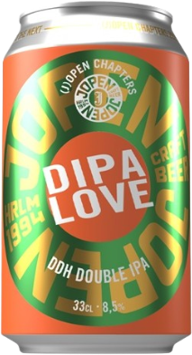 Oranje blik Jopen DIPA Love double IPA met groen rond etiket en witte typografie.