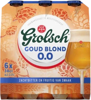 Sixpack Grolsch Goud Blond 0.0% met 30 cl flesjes en een bierglas op oranje verpakking.