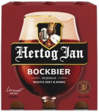 Rood Hertog Jan Bockbier 6-pack met glas donker bockbier en schuim op de verpakking.