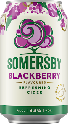 Blikje Somersby Blackberry cider met paarse bessenillustraties en groen logo op lichte achtergrond