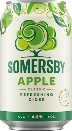 Somersby Apple cider blikje met groen boomlogo en crème-groene verpakking.