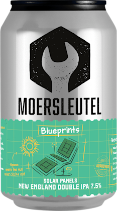 Zilverkleurig Moersleutel-blikje Solar Panels met turquoise blueprint-label en tekeningen van zonnepanelen.