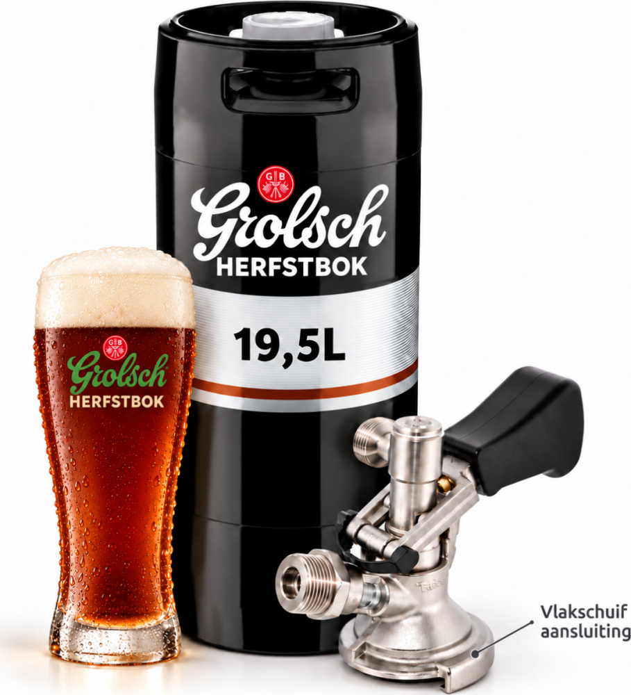 Grolsch Herfstbok fust met glas amberkleurig bier en tapkoppeling op witte achtergrond.