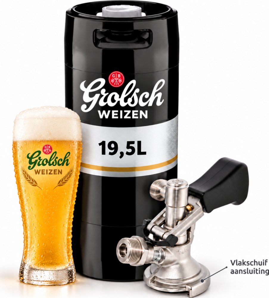 Grolsch Weizen fust van 19,5 liter met gevuld bierglas en vlakschuif aansluiting.