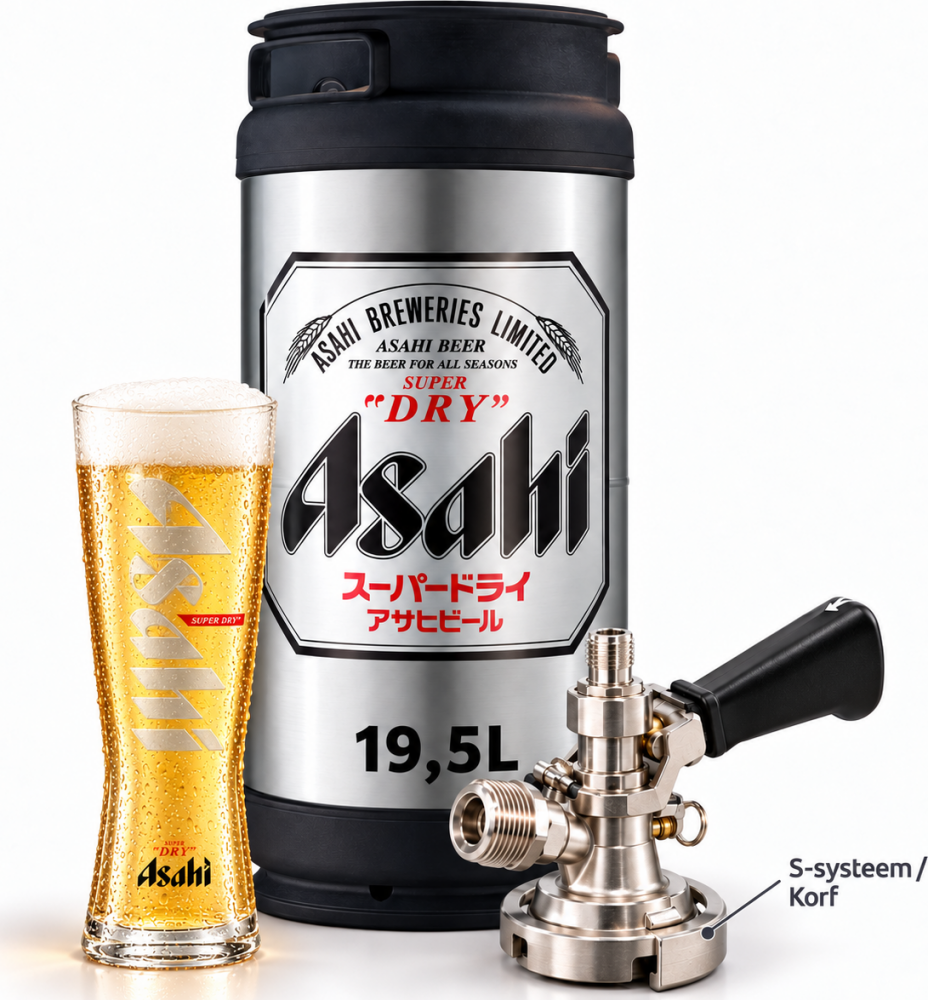 Asahi Super Dry fust met glas bier en tapkoppeling op witte achtergrond.