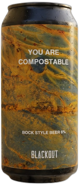 Blik Blackout You Are Compostable bockbier met roestkleurig groen label en waterdruppels.