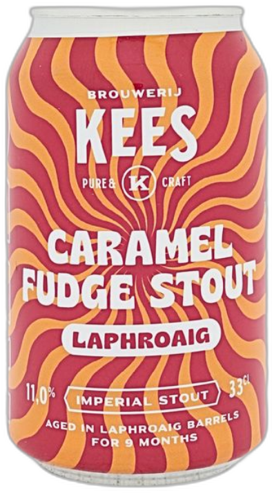 Blik Kees Caramel Fudge Stout Laphroaig met rood-oranje golvend etiket op zwarte achtergrond.
