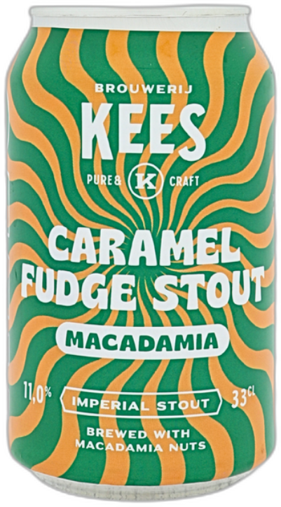 Blik Kees Caramel Fudge Stout Macadamia met groen-oranje swirlpatroon en witte typografie.