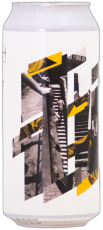 Wit 44cl blik met abstracte zwart-witte collage van trappen en gele grafische accenten.