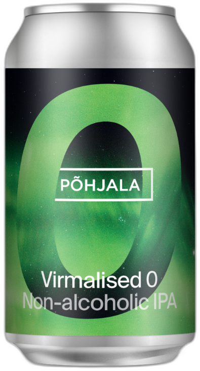 Blikje Põhjala Virmalised 0 alcoholvrije IPA met groen noorderlichtlabel en groot cijfer nul.