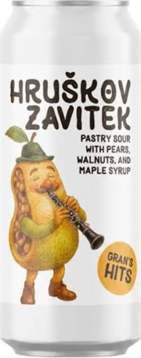 Wit blik Hruškov Zavitek met peerfiguur, tekst over pastry sour en gele Gran's Hits-badge.