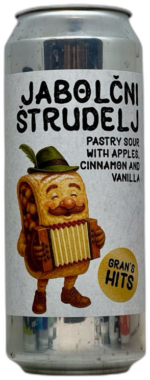Blik Clef Jabolčni Štrudelj met wit etiket en strudelpersonage met accordeon.