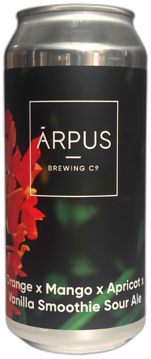Blik Ārpus smoothie sour ale met zwart label, wit logo en rode bloemen tegen donkere achtergrond.