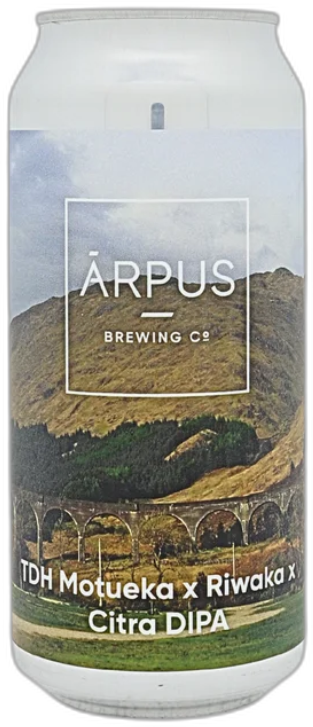 Blik Arpus TDH Motueka x Riwaka x Citra DIPA met berglandschap en wit logo.