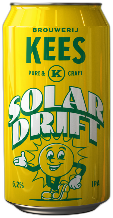 Felgeel blik Kees Solar Drift IPA met groen-witte typografie en lachende zonillustratie.