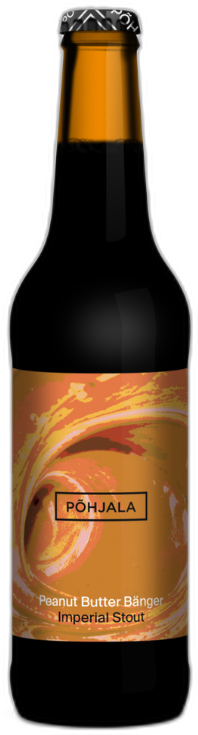 Donkere Põhjala Peanut Butter Bänger Imperial Stout fles met oranje pindakaaslabel op zwarte achtergrond