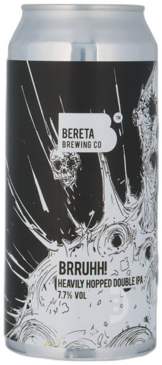 Zilverkleurig blik Bereta Brruhh! met zwart-wit illustratielabel en tekst Heavily Hopped Double IPA.