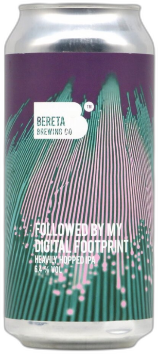Blik Bereta Followed by my Digital Footprint IPA met paarse label en turquoise digitale lijnen.