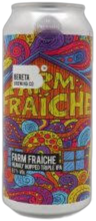 Kleurrijk Bereta Farm Fraiche bierblik met psychedelisch patroon op zwarte achtergrond.