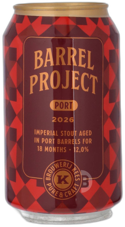 Rood blik Barrel Project Port 2026 van Brouwerij Kees met goudkleurige tekst op zwarte achtergrond.
