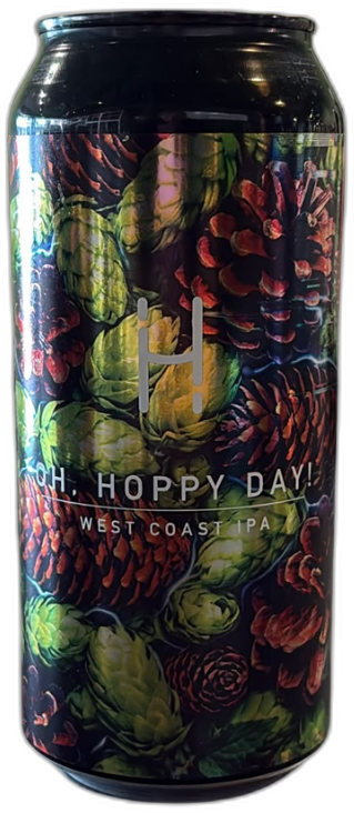Blik Hopalaa Oh, Hoppy Day! West Coast IPA met hopbellen en dennenappels op donker label.