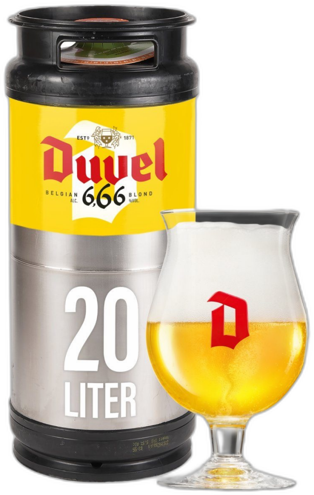Duvel 6,66 blond bierfust van 20 liter met gevuld bierglas op zwarte achtergrond.