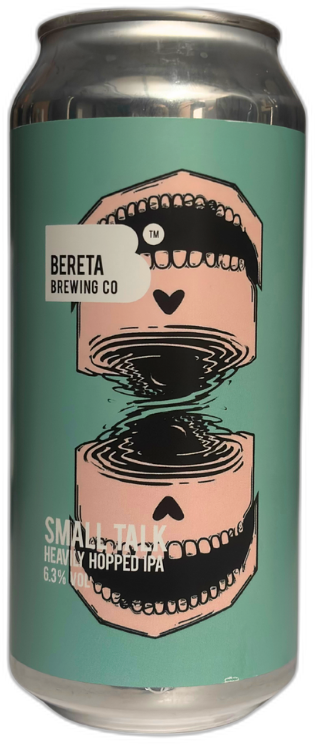 Blik Bereta Small Talk IPA met groen etiket en illustratie van twee vervormde gezichten.