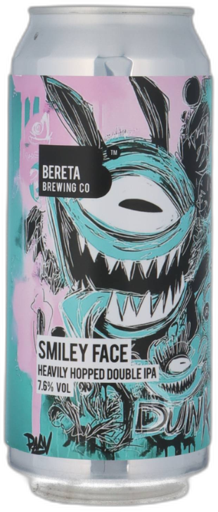 Blik Bereta Smiley Face double IPA met turquoise en roze label en monsterachtige smileyillustratie.