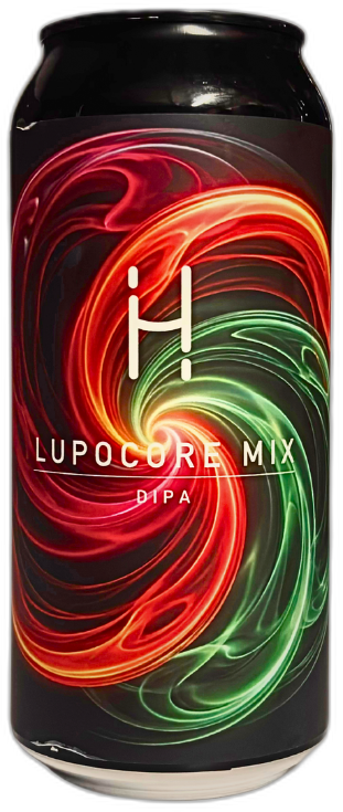 Zwart blik Hopalaa! Lupocore Mix DIPA met rode, oranje en groene wervelende graphics.