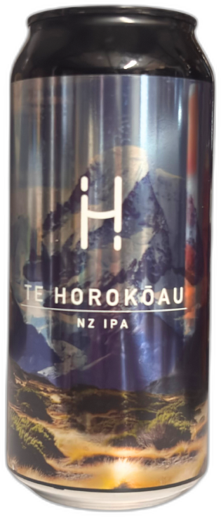 Blik Hopalaa! Te Horokōau NZ IPA met berglandschap op label tegen zwarte achtergrond