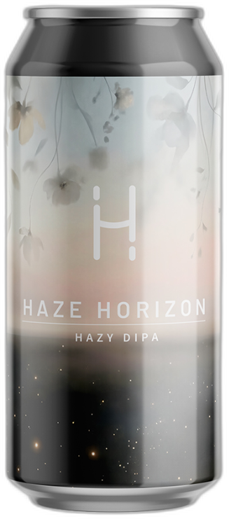 Blik Hopalaa! Haze Horizon Hazy DIPA met mistig bloemendesign en sterrenachtige details.