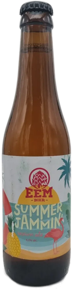Bruine fles Eem Bier Summer Jammin’ met tropisch etiket, zwarte kroonkurk en amberkleurig bier.