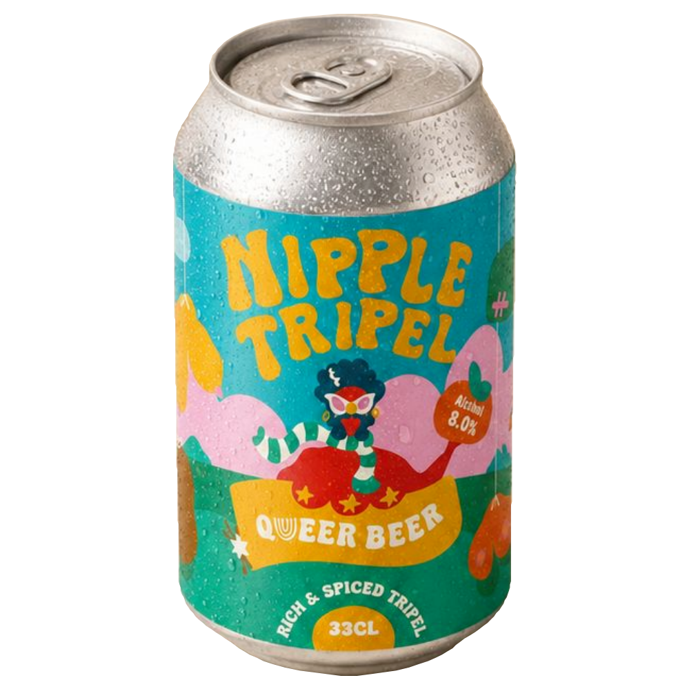 Blikje Queer Beer Nipple Tripel van 33cl met kleurrijk etiket, gele letters en Queer Beer-logo
