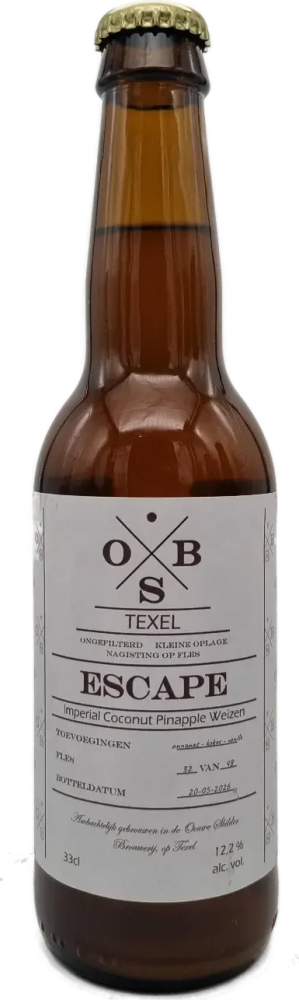 Bruine 33cl bierfles Ouwe Skilder Escape met wit etiket en gouden kroonkurk.