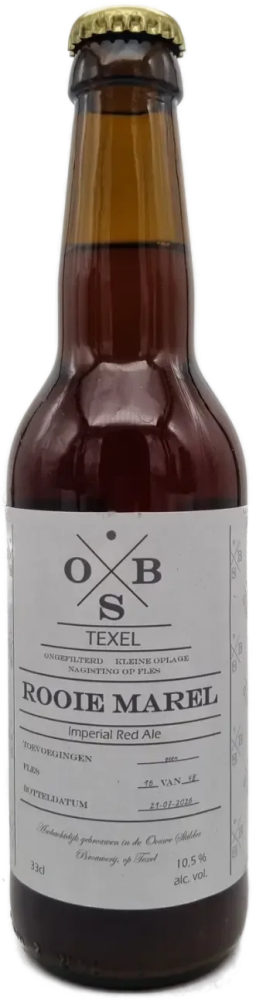 Bruine 33cl bierfles Rooie Marel Imperial Red Ale met wit etiket en gouden kroonkurk.