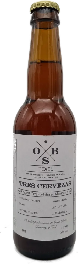 Bruine 33cl bierfles Ouwe Skilder Tres Cervezas met wit etiket en gouden kroonkurk.
