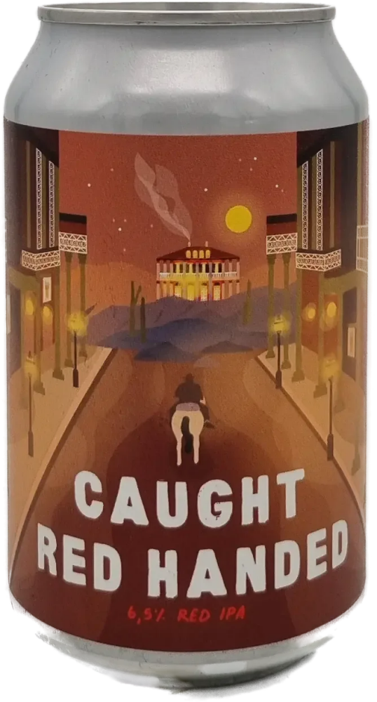 Blikje Eleven Caught Red Handed red IPA met geïllustreerd straattafereel en witte titeltekst.