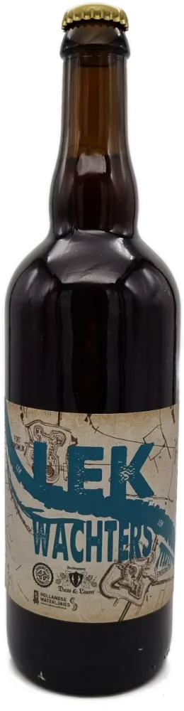 Donkerbruine bierfles Lekwachter Alt met beige-blauw etiket en gouden kroonkurk.