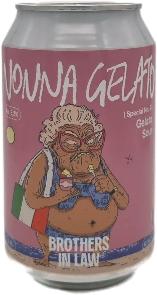 Roze blik Nonna Gelato met illustratie van oudere vrouw met ijsje en Brothers in Law-logo.