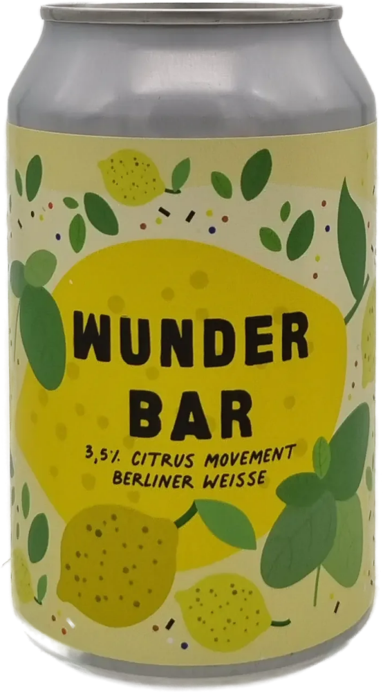 Blikje Wunder Bar Citrus Movement Berliner Weisse met geel citroenlabel en groene bladeren.