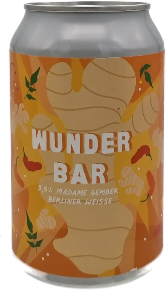 Blikje Wunder Bar Madame Gember met oranje label, witte tekst en gemberillustraties.