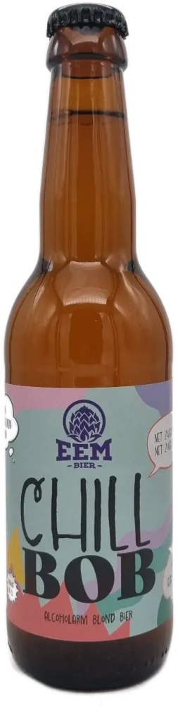 Amberkleurige bierfles met pastel etiket van Eem Bier Chill Bob en zwarte kroonkurk.