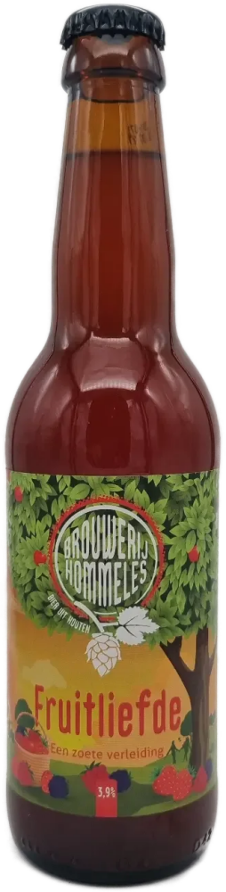 Hommeles Fruitliefde fles met rode drank, groen fruitetiket en zwarte kroonkurk.