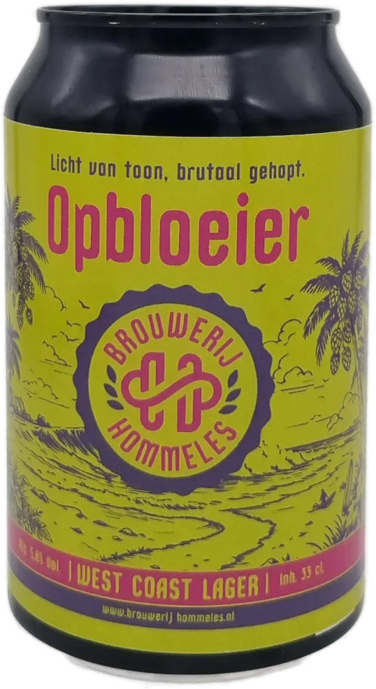 Blik Hommeles Opbloeier West Coast Lager met geel label en roze typografie.