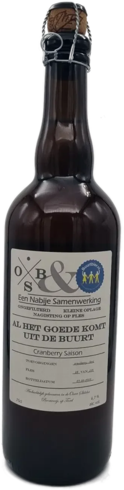 Donkere 75cl fles Ouwe Skilder Cranberry Saison met beugelsluiting en crèmekleurig etiket.